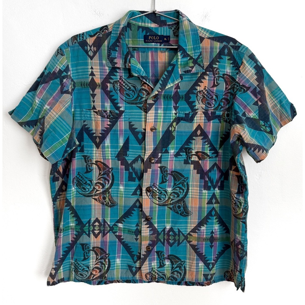 Polo Ralph Lauren Aztec Hawaiian Plaid Shirt Short Sleeve Button Up Mens Size XL